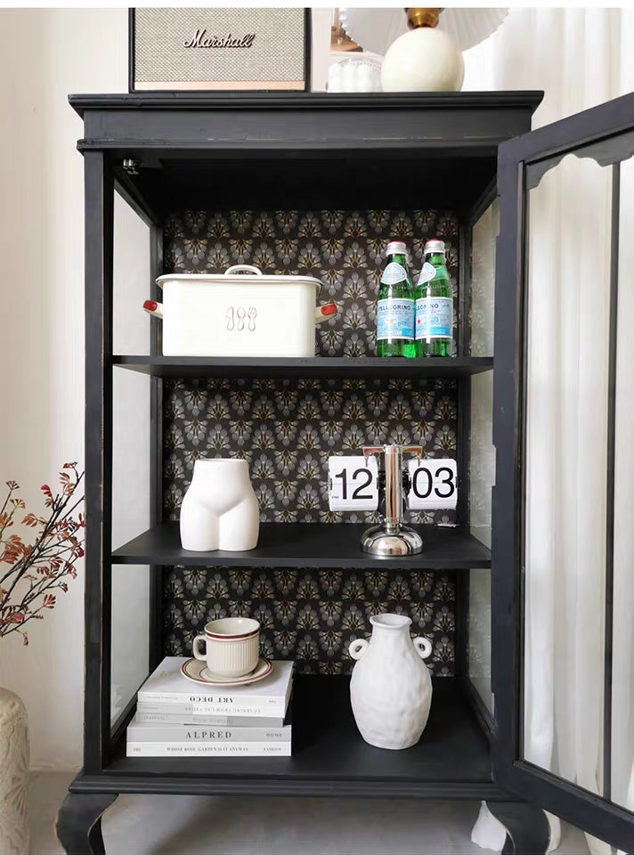 Rustic bucolic black wood and glass dining room Entrance Display Locker Dining-side cabinet