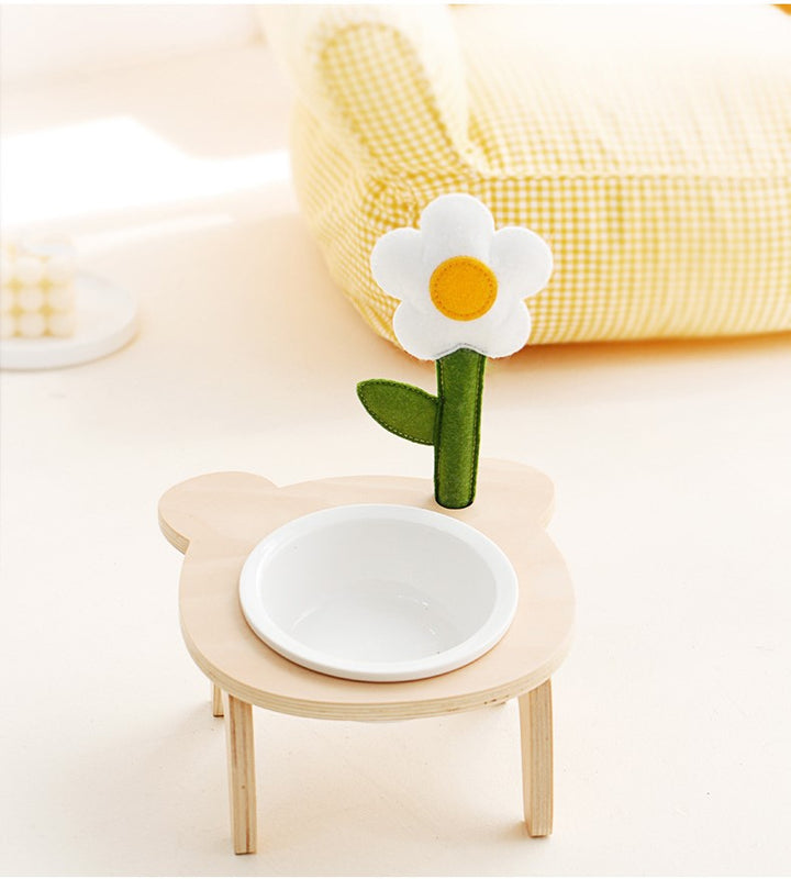 Wooden high foot tilt neck guard cute flower tree Ceramic cat and dog food bowl High appearance level pet supplies.