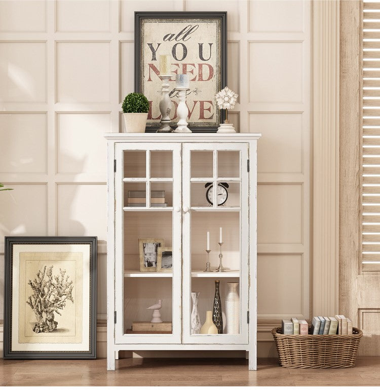 French American Country Retro Side Cabinet Solid Wood Storage Cabinet Tea Bowl Cabinet Display Cabinet Bookcase