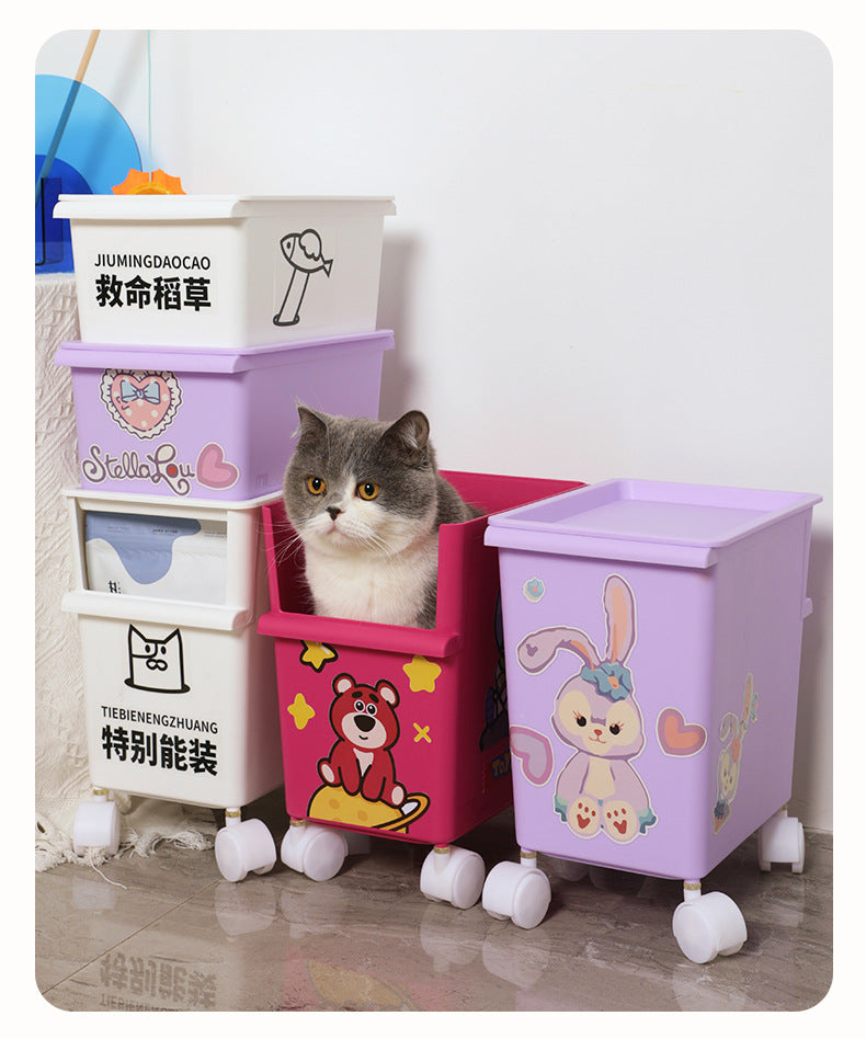Storage Box DIY cartoon stickers Pet Snacks Storage box Storage bucket Toy supplies storage box with roller