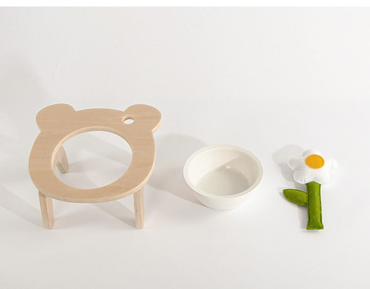 Wooden high foot tilt neck guard cute flower tree Ceramic cat and dog food bowl High appearance level pet supplies.