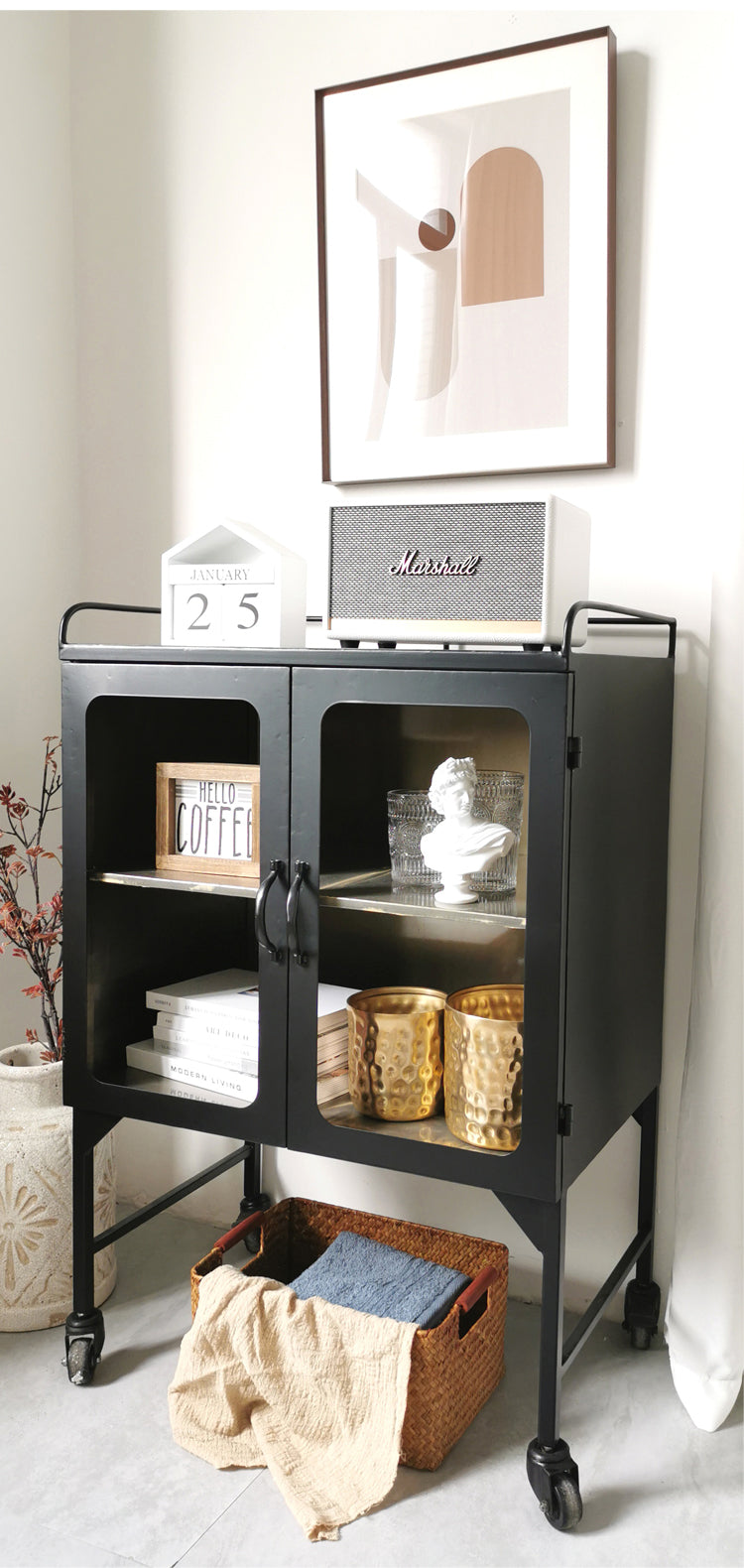 Modern industrial style black iron art table side cabinet glass display wine cabinet