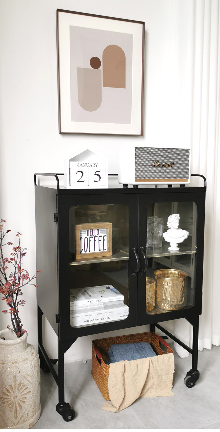 Modern industrial style black iron art table side cabinet glass display wine cabinet