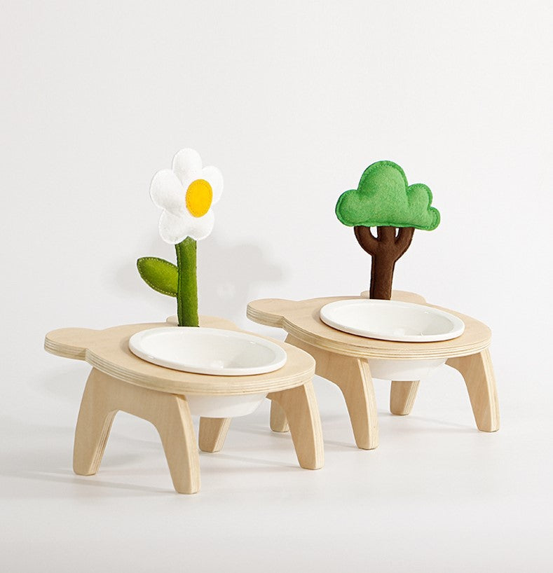 Wooden high foot tilt neck guard cute flower tree Ceramic cat and dog food bowl High appearance level pet supplies.