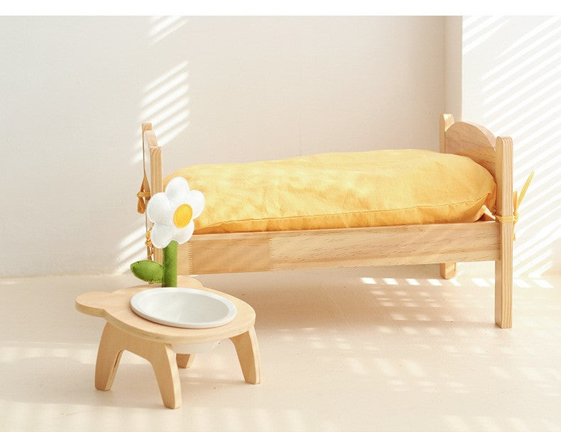 Wooden high foot tilt neck guard cute flower tree Ceramic cat and dog food bowl High appearance level pet supplies.