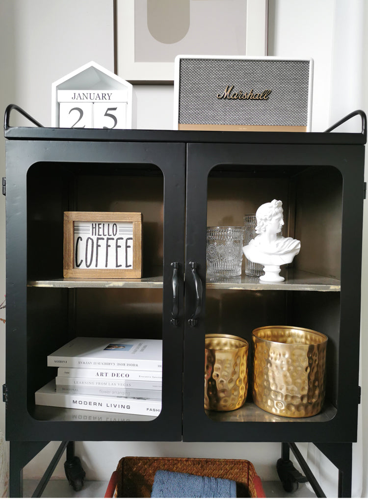 Modern industrial style black iron art table side cabinet glass display wine cabinet