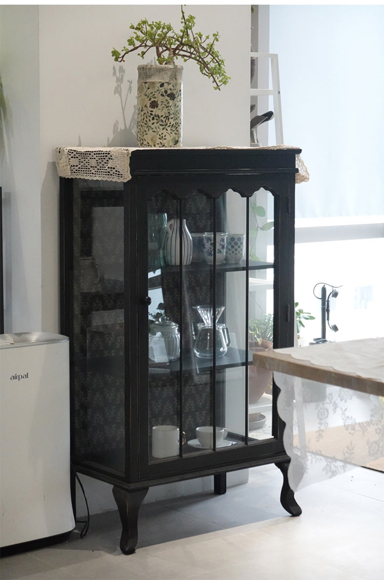 Rustic bucolic black wood and glass dining room Entrance Display Locker Dining-side cabinet