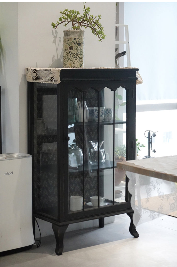 Rustic bucolic black wood and glass dining room Entrance Display Locker Dining-side cabinet