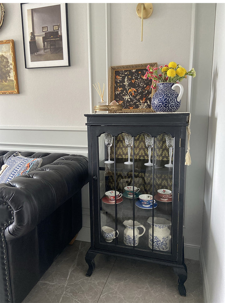 Rustic bucolic black wood and glass dining room Entrance Display Locker Dining-side cabinet