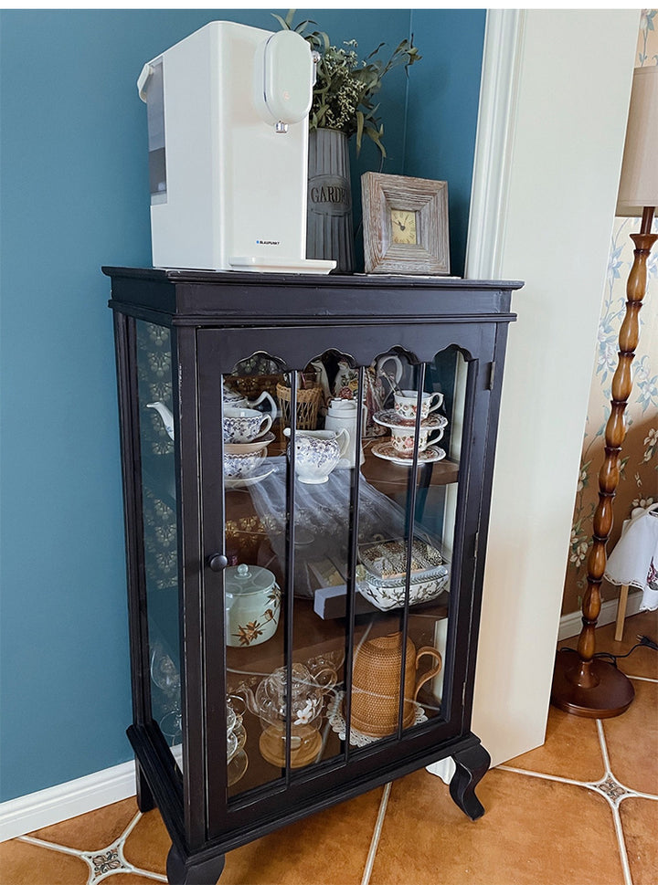 Rustic bucolic black wood and glass dining room Entrance Display Locker Dining-side cabinet