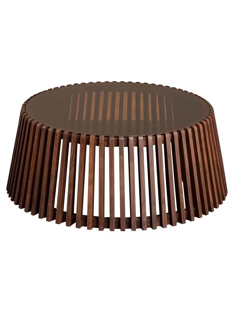 Glass Top Solid Wood Round Coffee Table