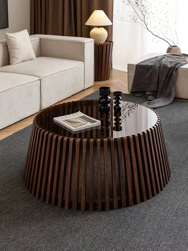 Glass Top Solid Wood Round Coffee Table