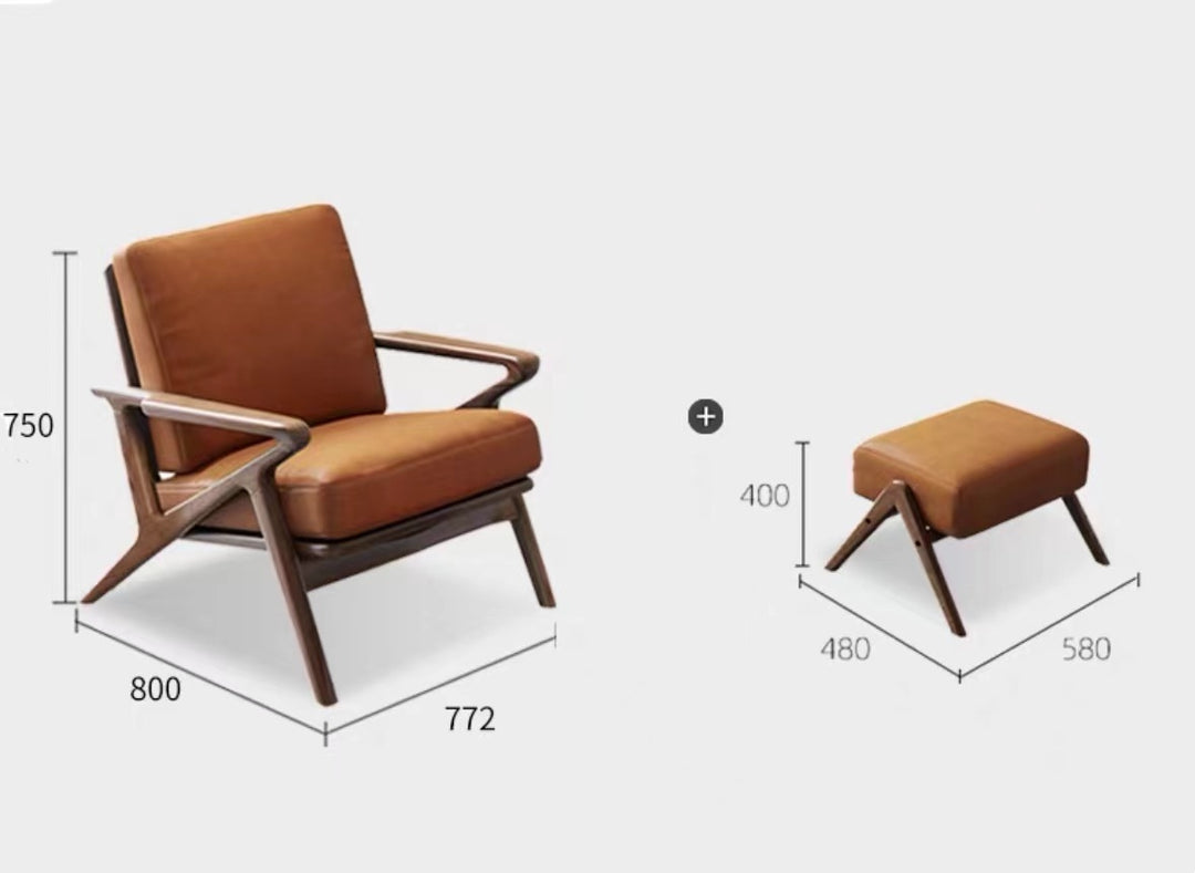 Accent Armchair / Wood Lounge Chair with Ottoman Footrest Set