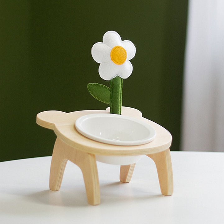 Wooden high foot tilt neck guard cute flower tree Ceramic cat and dog food bowl High appearance level pet supplies.