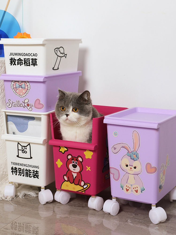 Storage Box DIY cartoon stickers Pet Snacks Storage box Storage bucket Toy supplies storage box with roller