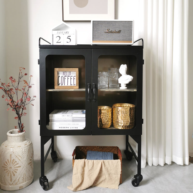 Modern industrial style black iron art table side cabinet glass display wine cabinet