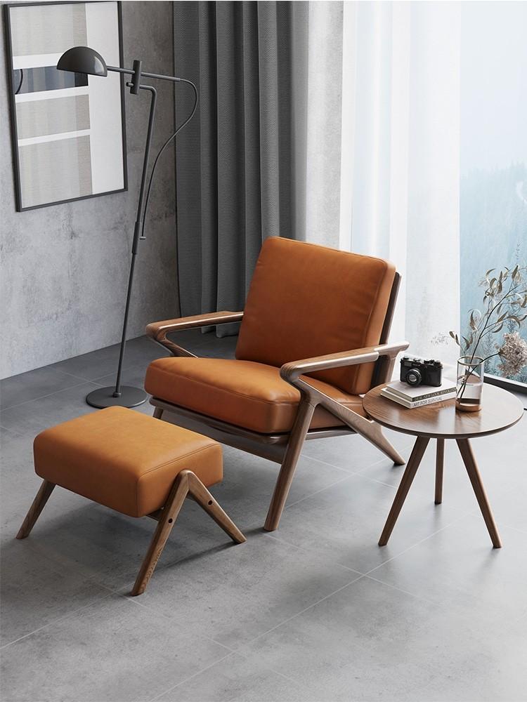 Accent Armchair / Wood Lounge Chair with Ottoman Footrest Set