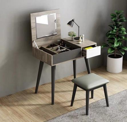 Industrial Red Oak Flip Top Dressing Table Vanity Set