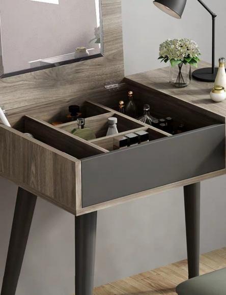 Industrial Red Oak Flip Top Dressing Table Vanity Set