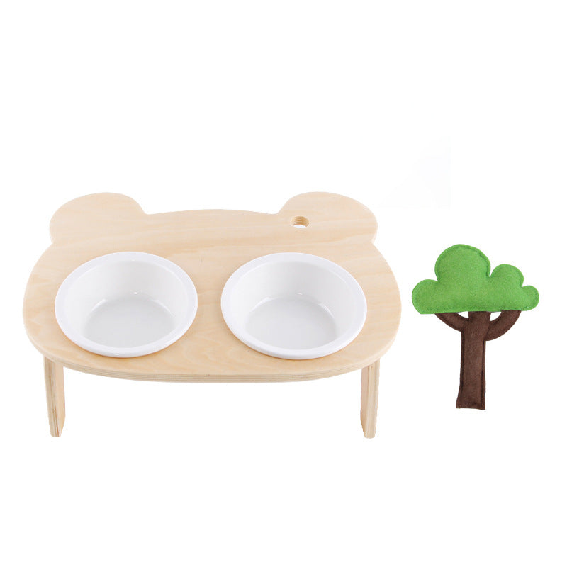 Wooden high foot tilt neck guard cute flower tree Ceramic cat and dog food bowl High appearance level pet supplies.
