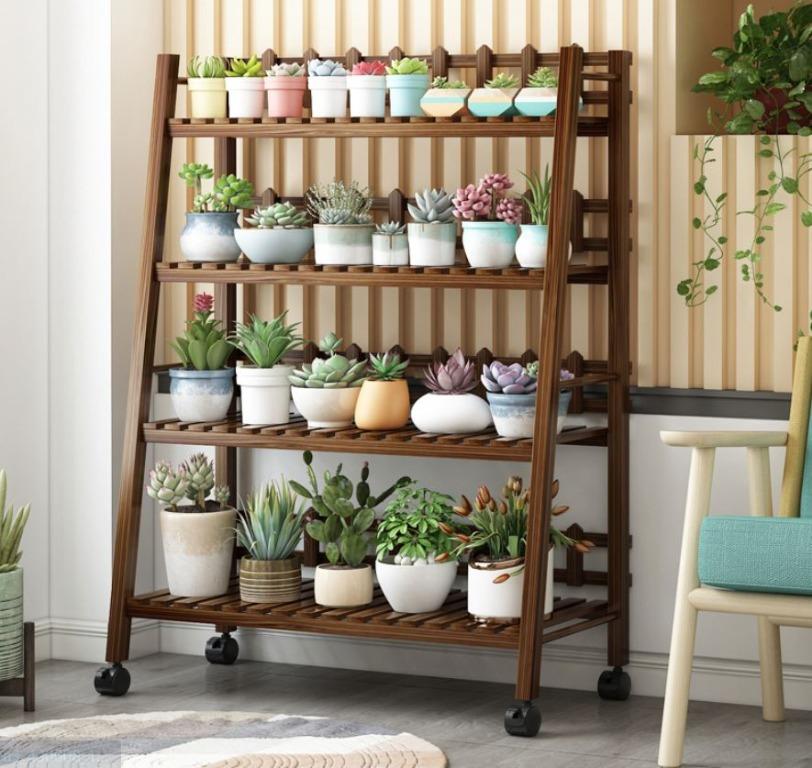 FLORA Wooden Plant  Display Rack_Shelf with Wheels