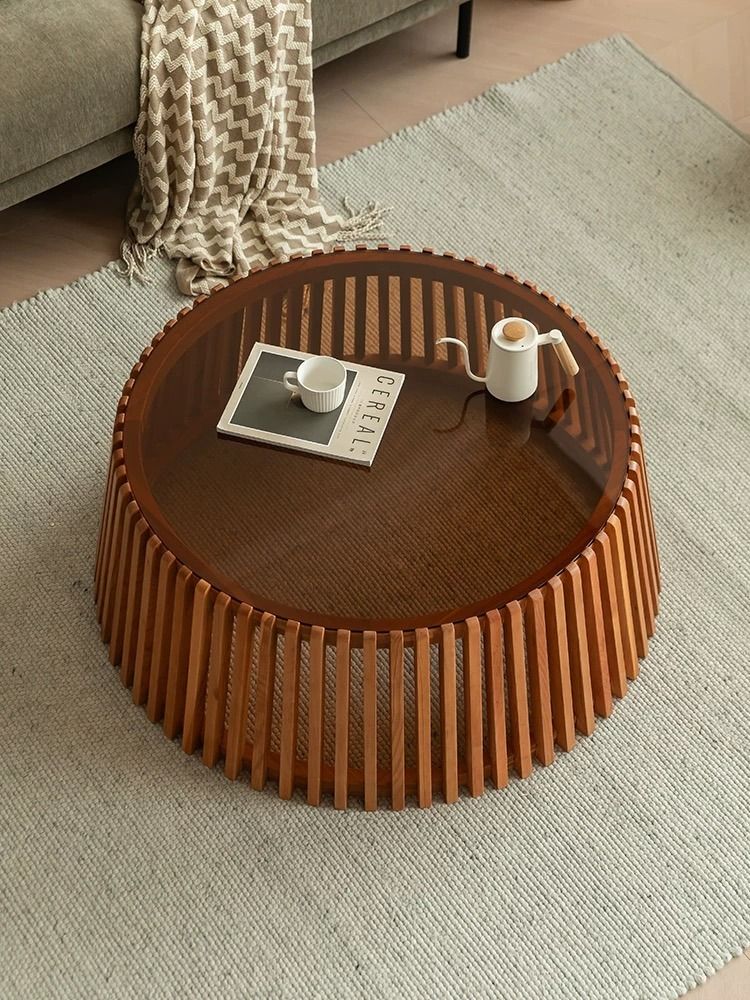Glass Top Solid Wood Round Coffee Table