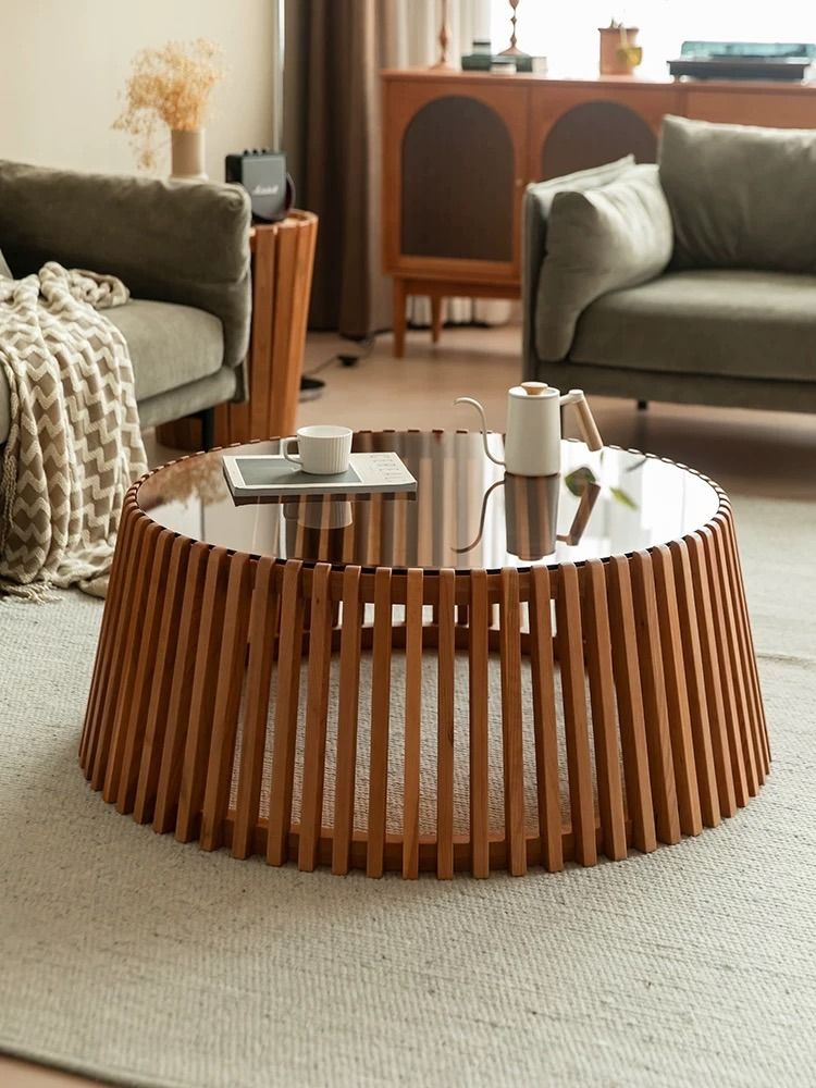 Glass Top Solid Wood Round Coffee Table