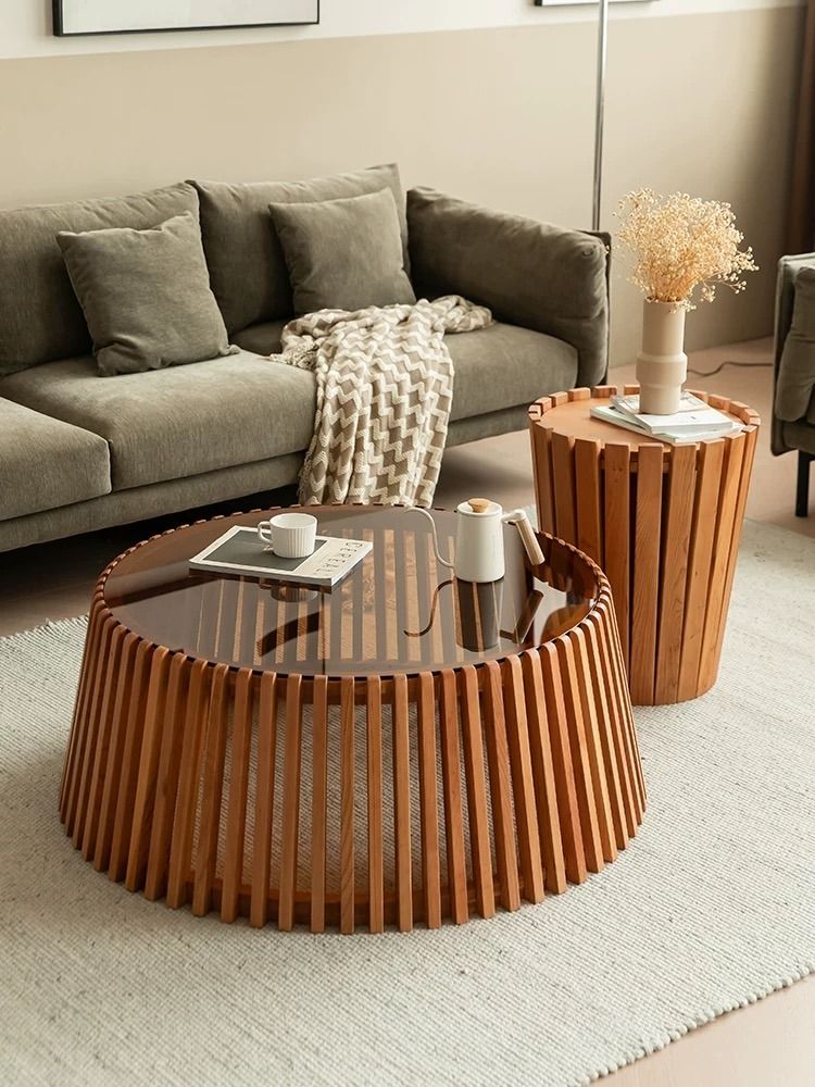 Glass Top Solid Wood Round Coffee Table