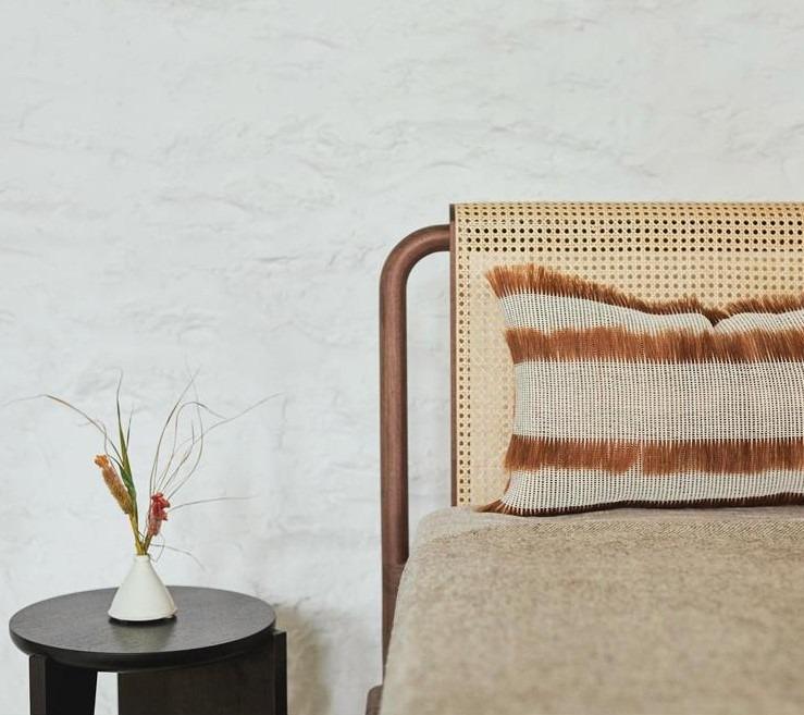 Solid Wood Bed Frame with Rattan Headboard