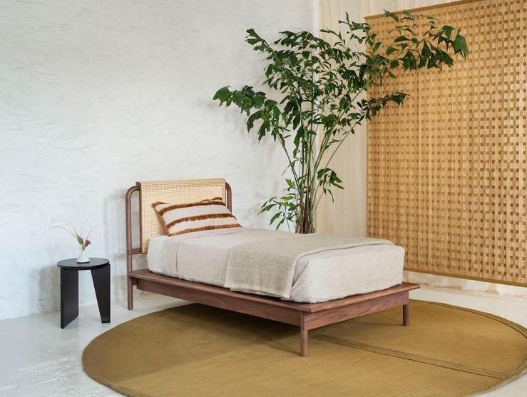 Solid Wood Bed Frame with Rattan Headboard
