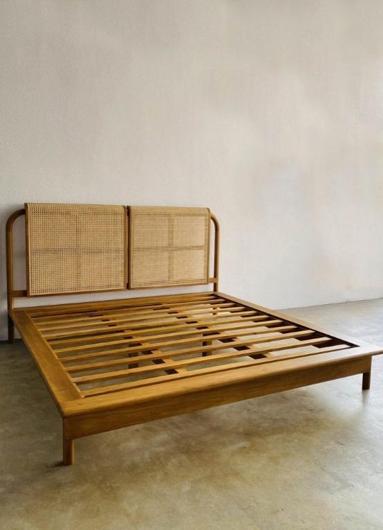 Solid Wood Bed Frame with Rattan Headboard