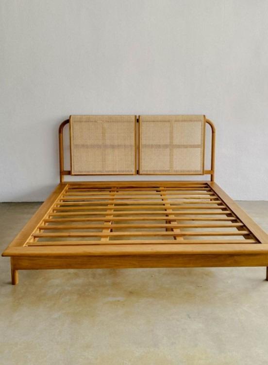 Solid Wood Bed Frame with Rattan Headboard