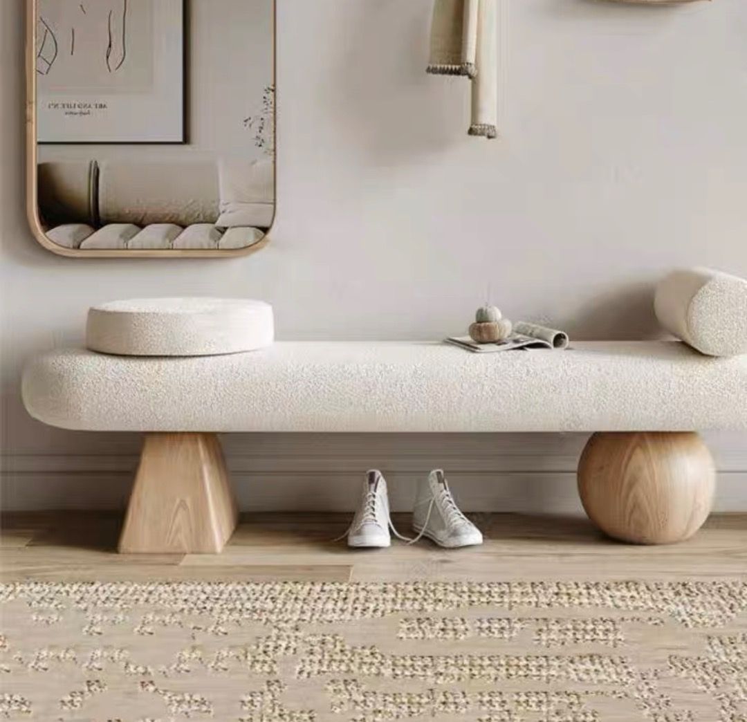 Modern Boucle Wood Bench