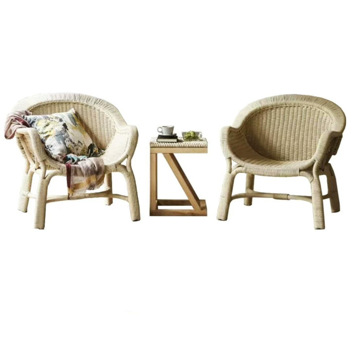 Rattan Bamboo Barrel Chair Side Table Set