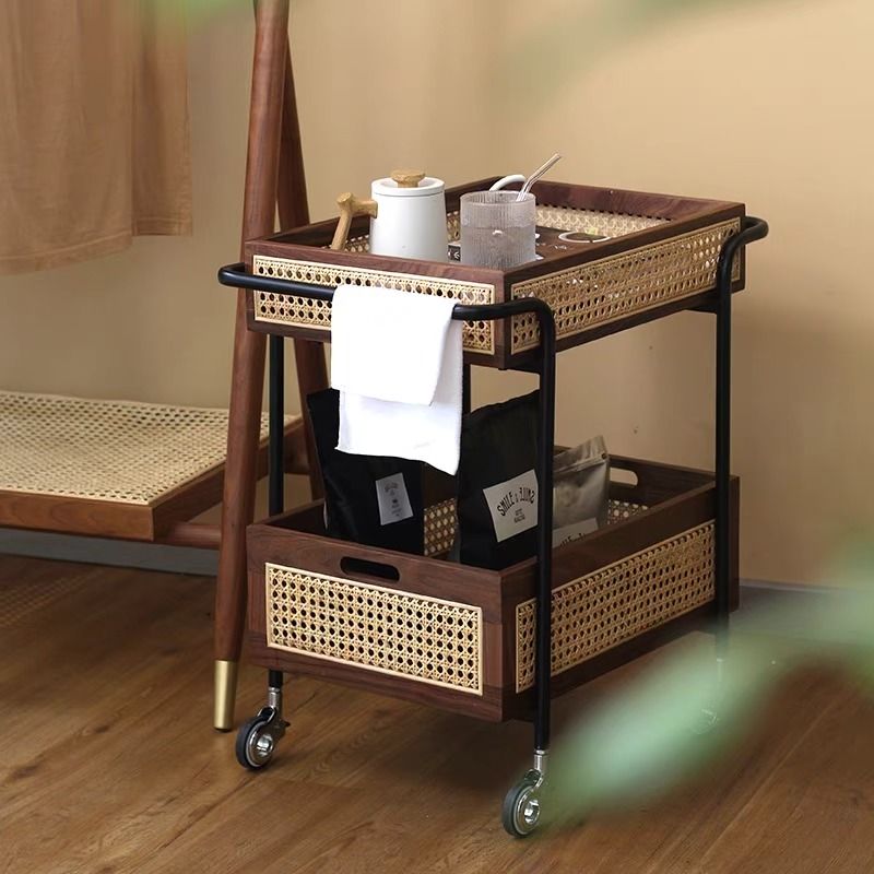 Wood Rattan Mesh Tray Rolling Cart
