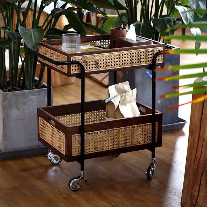 Wood Rattan Mesh Tray Rolling Cart