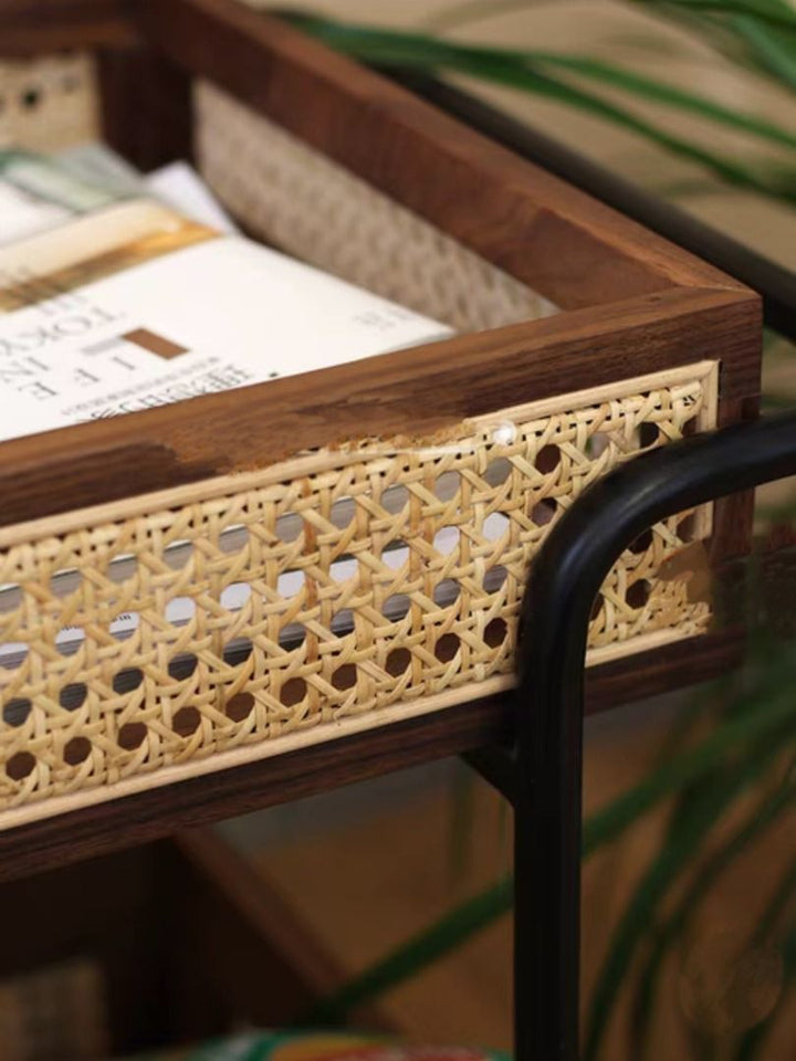 Wood Rattan Mesh Tray Rolling Cart