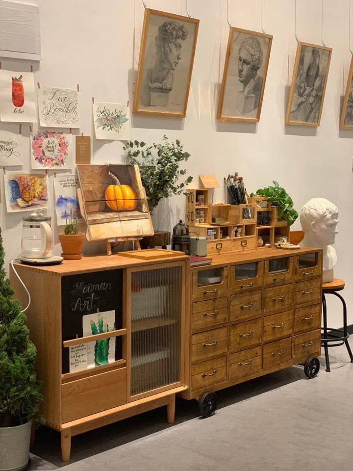 Rustic Wood Drawer Console Server Table With Wheel