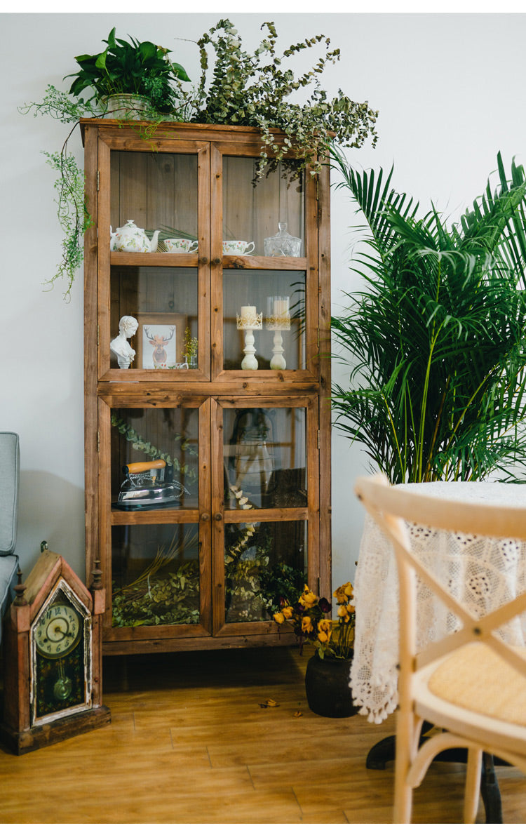 Vintage solid wood dining side cabinet Glass display cabinet Storage cupboard bowls cups and saucers storage cabinet