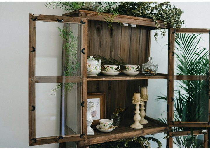 Vintage solid wood dining side cabinet Glass display cabinet Storage cupboard bowls cups and saucers storage cabinet