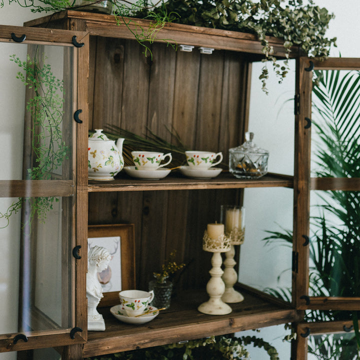 Vintage solid wood dining side cabinet Glass display cabinet Storage cupboard bowls cups and saucers storage cabinet