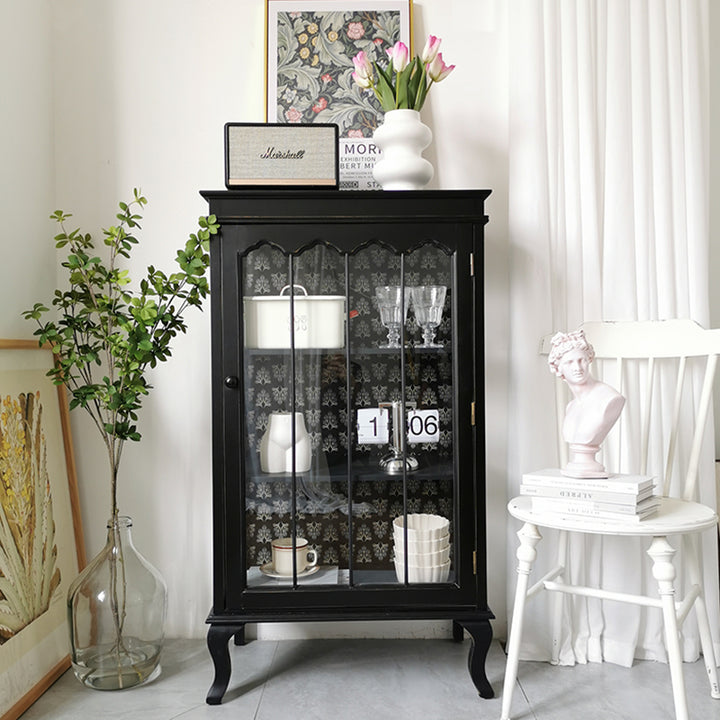 Rustic bucolic black wood and glass dining room Entrance Display Locker Dining-side cabinet
